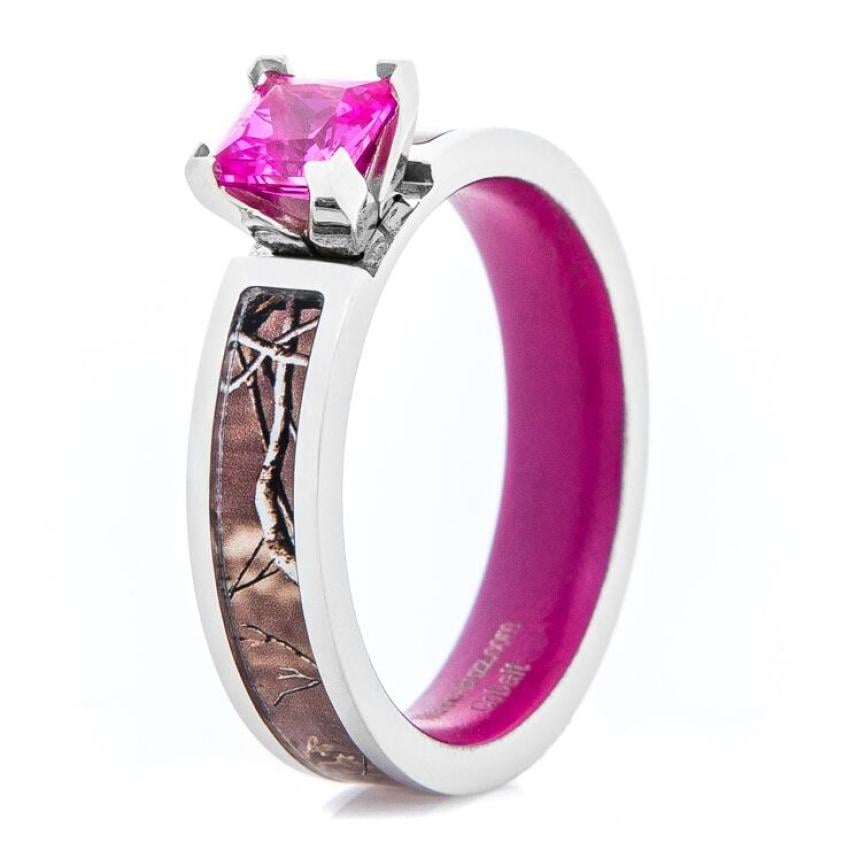 Women's Camo Engagement Ring with Pink Sapphire and Matching Interior