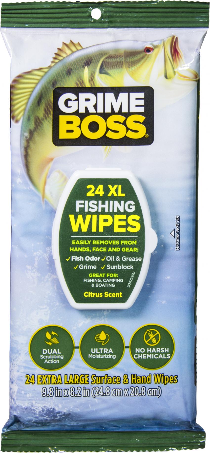 Grime Boss Fishing Wipes (5 x 24ct), Removes Dirt & Cleans Hands, Rods,  Reels, & Tackle Boxes