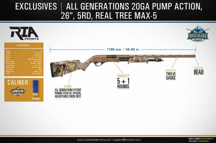 All Generations 20GA Pump Action, 26" Barrel, 5rd,   Real Tree Max-5